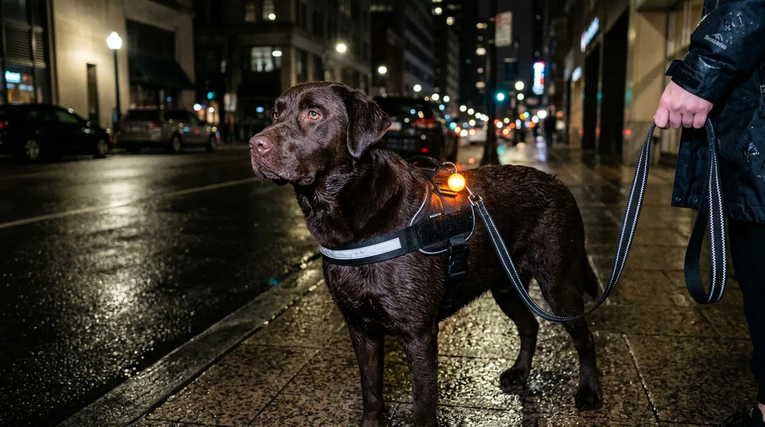 Chien portant un harnais réfléchissant et une lampe LED orange lors d'une promenade nocturne en ville.