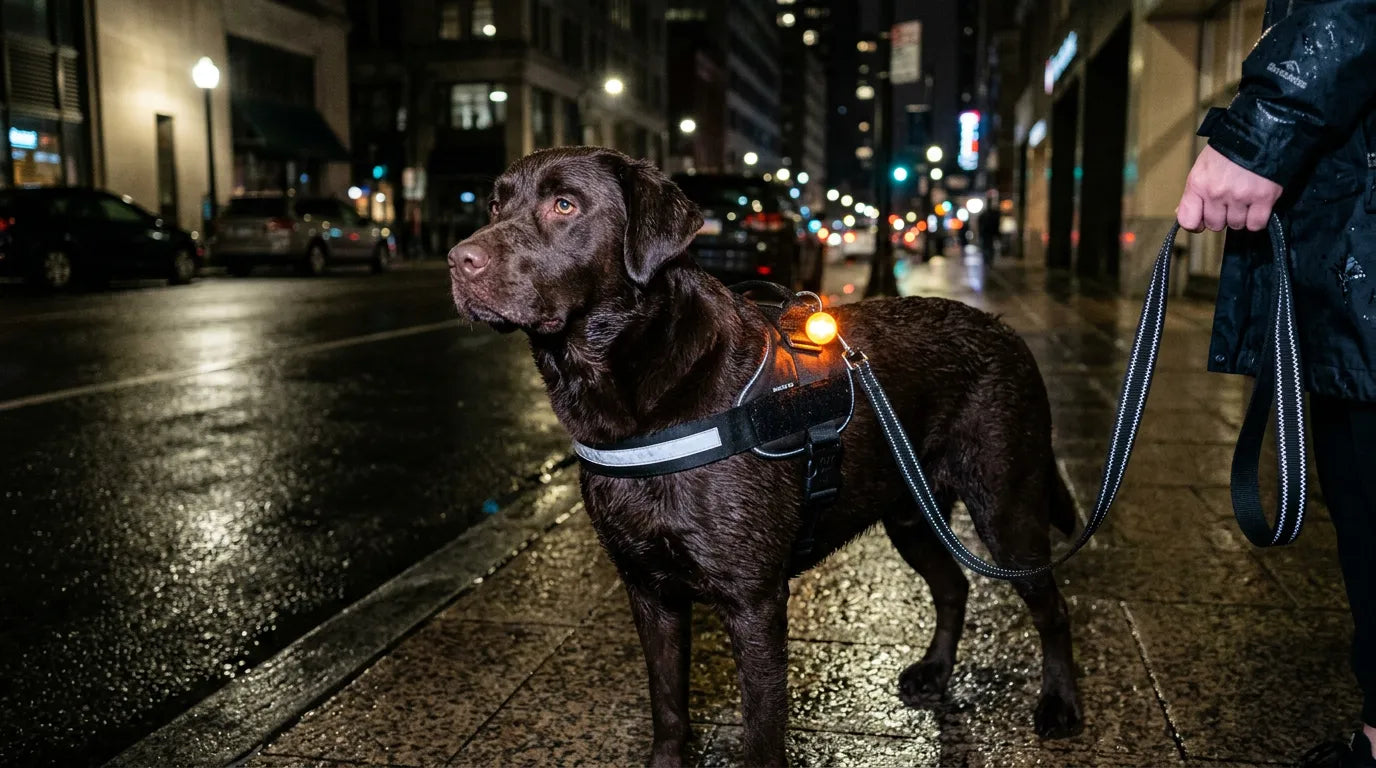 Chien portant un harnais réfléchissant et une lampe LED orange lors d'une promenade nocturne en ville.
