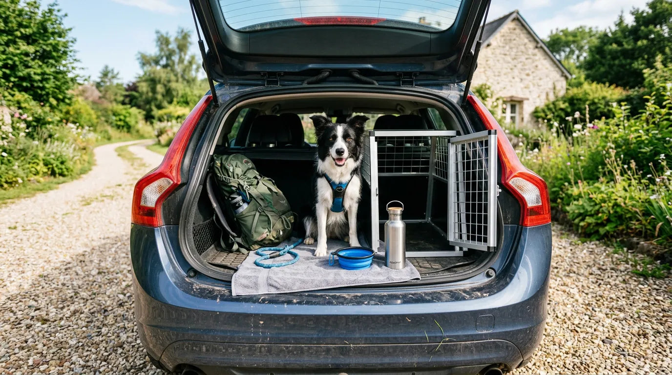 Équipement de voyage pour chien incluant caisse de transport et gamelle pliable dans un coffre de voiture.