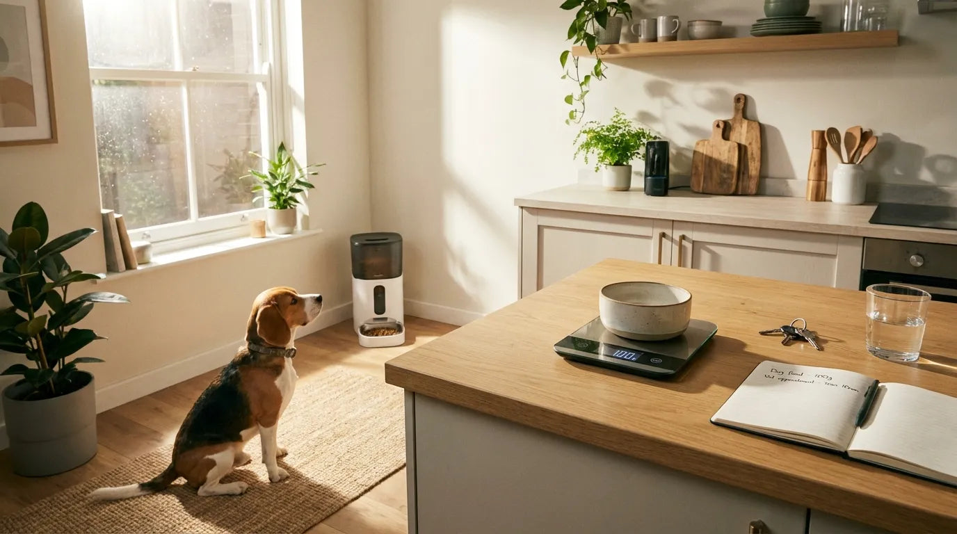 Photographie réaliste d'un chien attendant son repas dans une cuisine équipée d'une balance et d'un distributeur automatique.