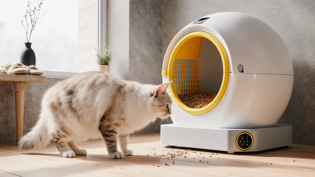 Photographie réaliste de l'entrée d'un robot litière blanc montrant l'emplacement d'un capteur de sécurité dans un environnement domestique.
