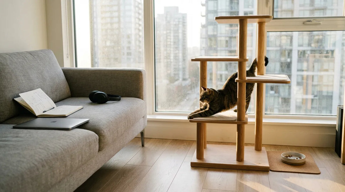 Photographie réaliste d'un appartement moderne montrant un arbre à chat près d'une fenêtre et des objets de bureau suggérant l'absence du propriétaire.