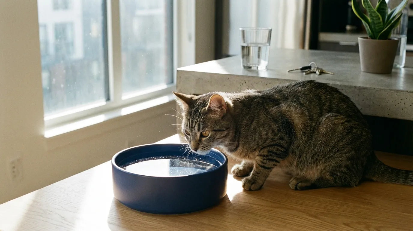 Photographie réaliste d'un chat s'approchant d'une gamelle d'eau stagnante dans une cuisine moderne.
