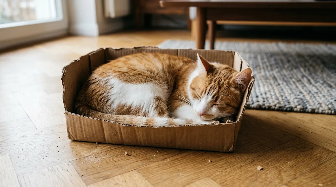 Chat roux et blanc dormant dans une boîte en carton posée sur un parquet de salon.
