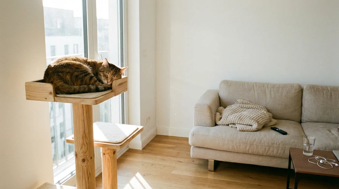 Photographie réaliste d'un chat dormant sur la plateforme supérieure d'un arbre à chat dans un salon moderne et lumineux.
