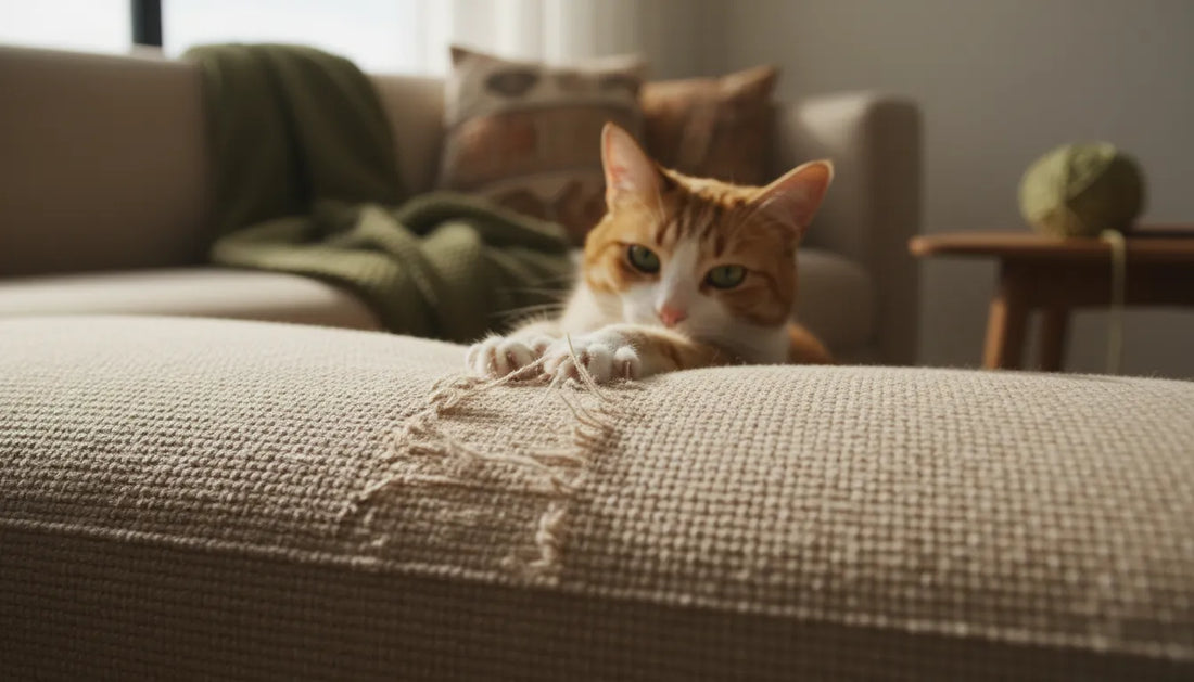 Chat en train de gratter un canapé dans un intérieur moderne