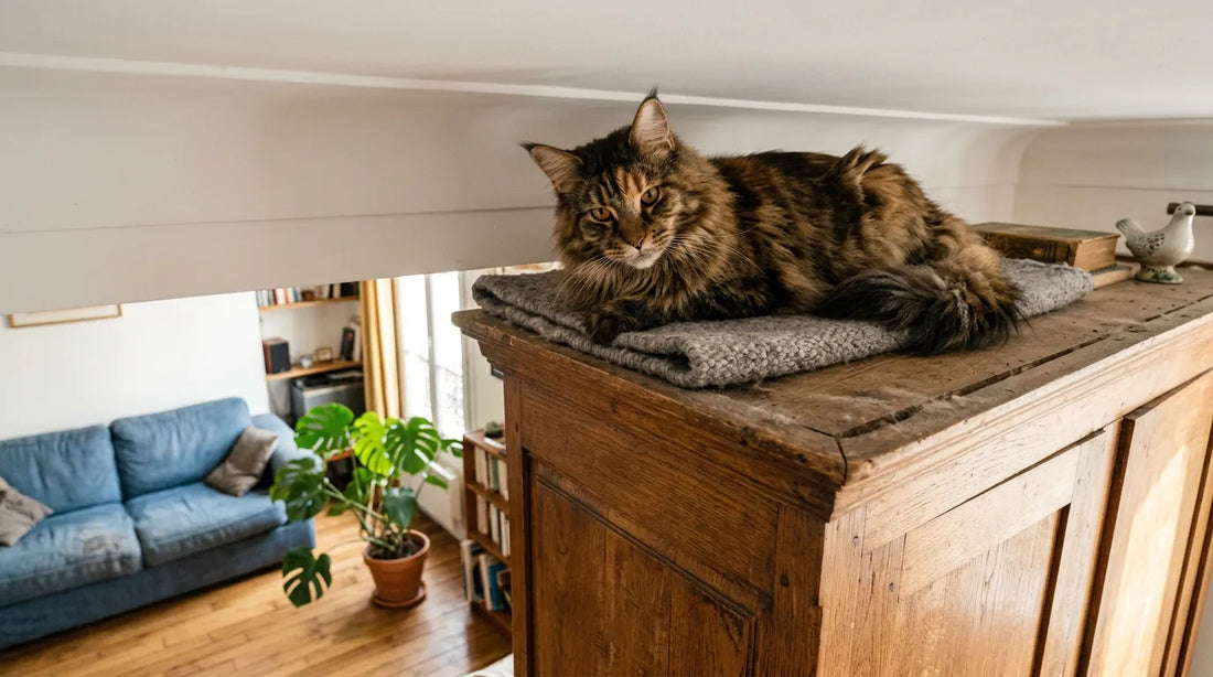 Chat Maine Coon couché sur le haut d'une armoire en bois dans un salon.