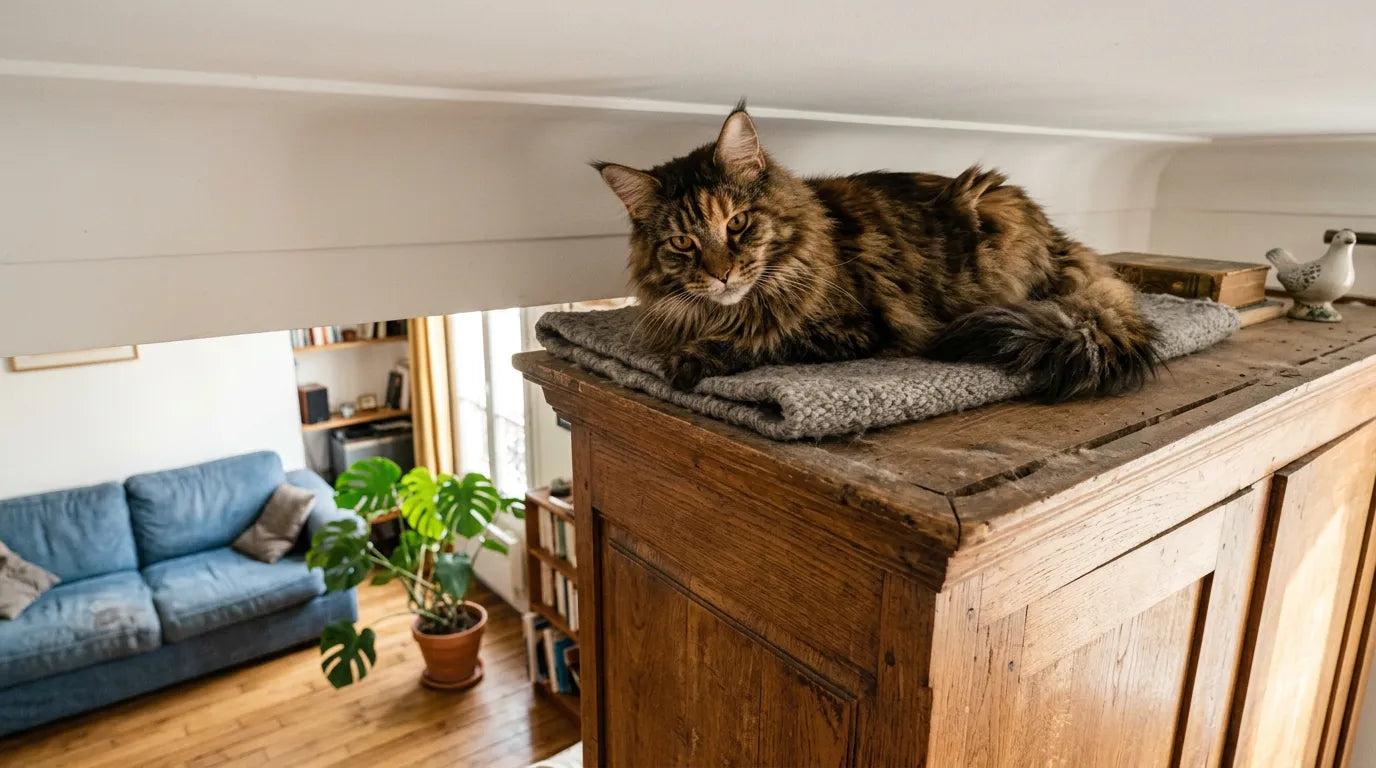 Chat Maine Coon couché sur le haut d'une armoire en bois dans un salon.