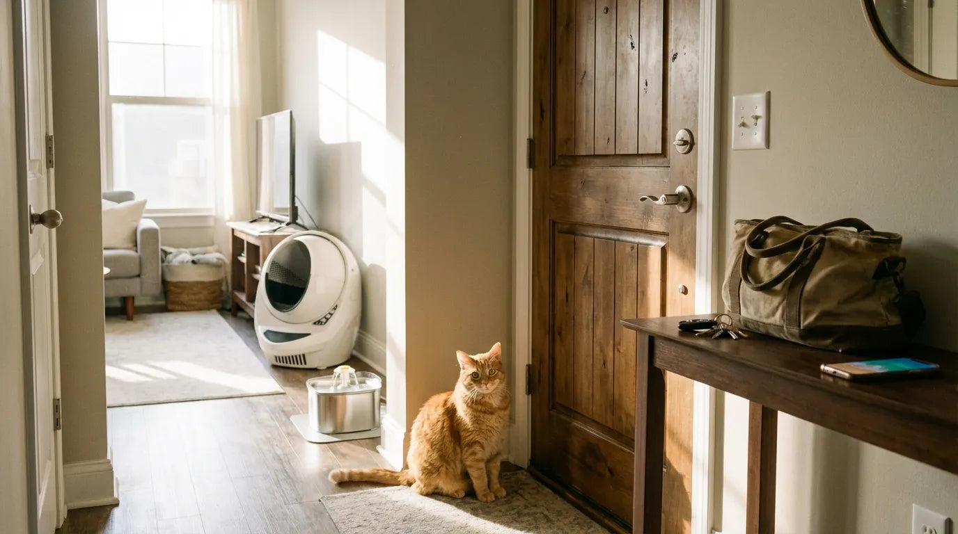 Photographie réaliste d'un chat dans un appartement moderne équipé d'appareils automatiques pour assurer son autonomie.