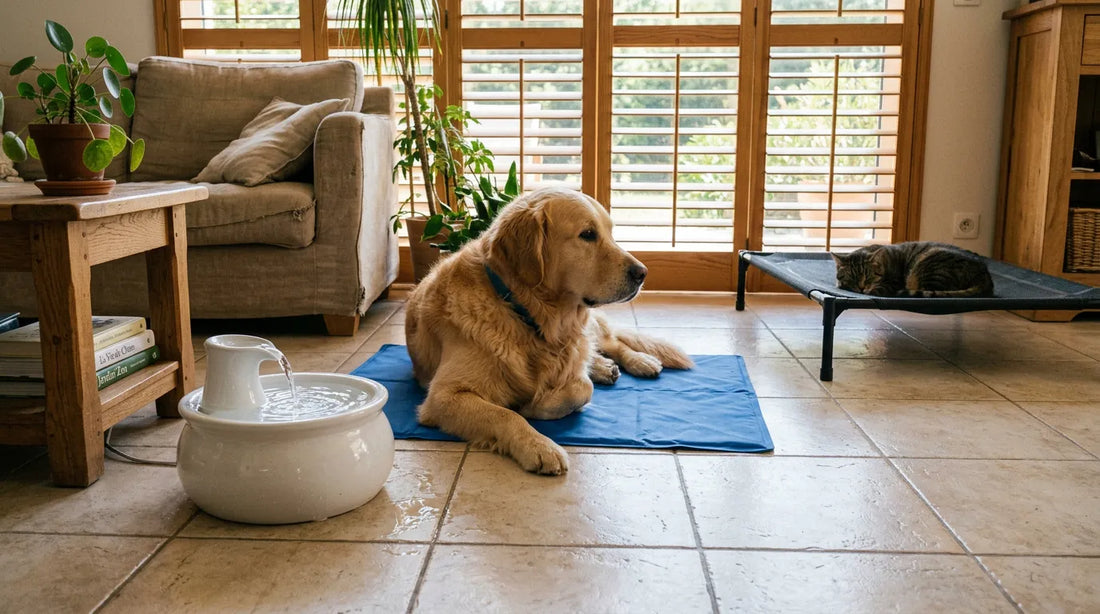 Chien allongé sur un tapis rafraîchissant bleu à côté d'une fontaine à eau en intérieur.