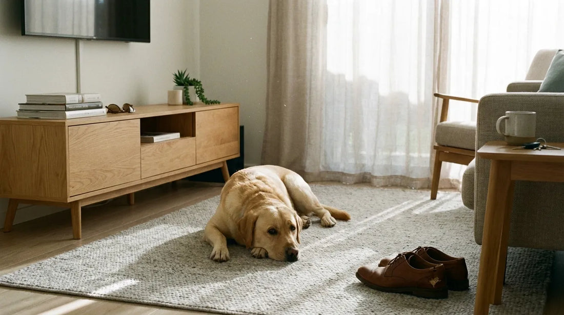 Photographie réaliste d'un chien allongé sur un tapis dans un salon moderne, illustrant un signe d'ennui et de lassitude.