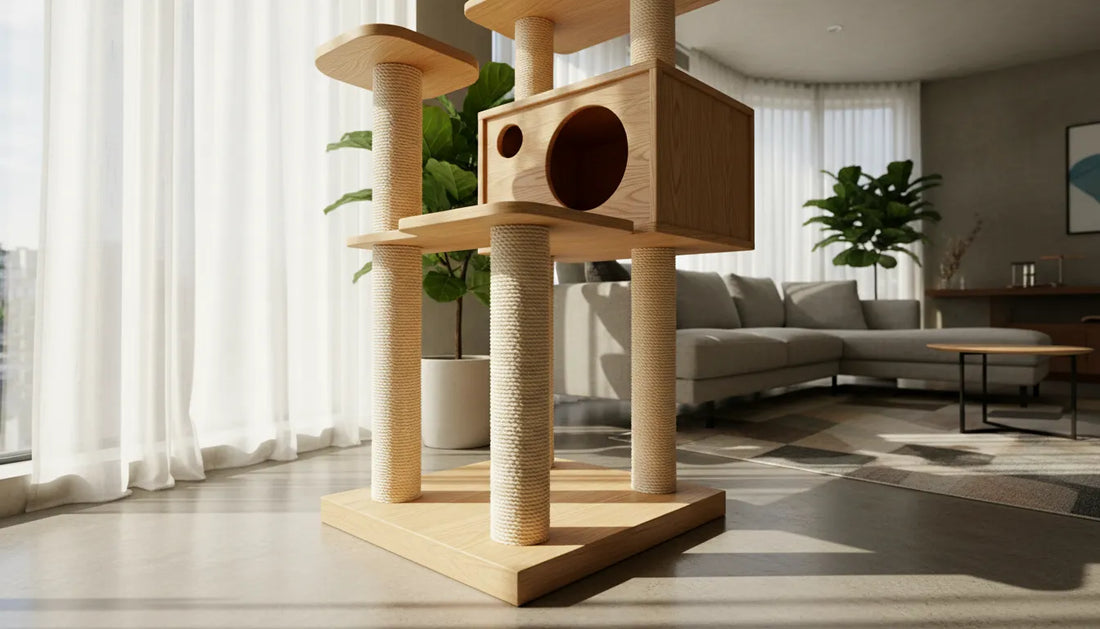 Photographie d'un arbre à chat moderne en bois clair et sisal naturel placé dans un salon lumineux.