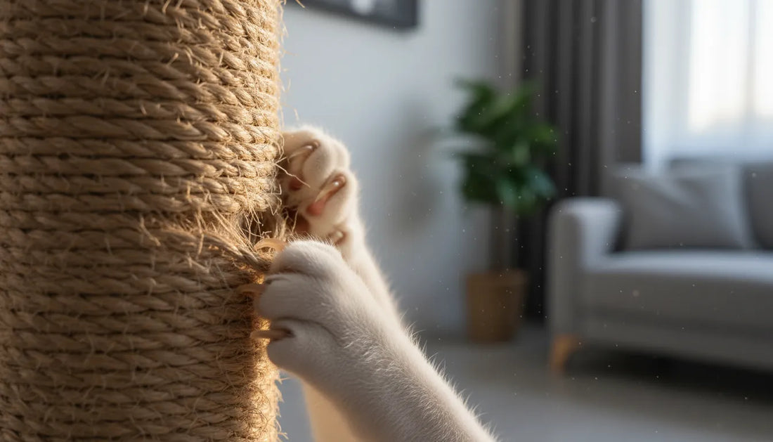 Gros plan sur les griffes d'un chat s'étirant sur un poteau en sisal naturel.