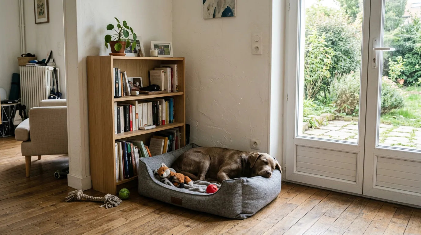 Panier pour chien installé dans un coin calme d'un salon avec parquet.