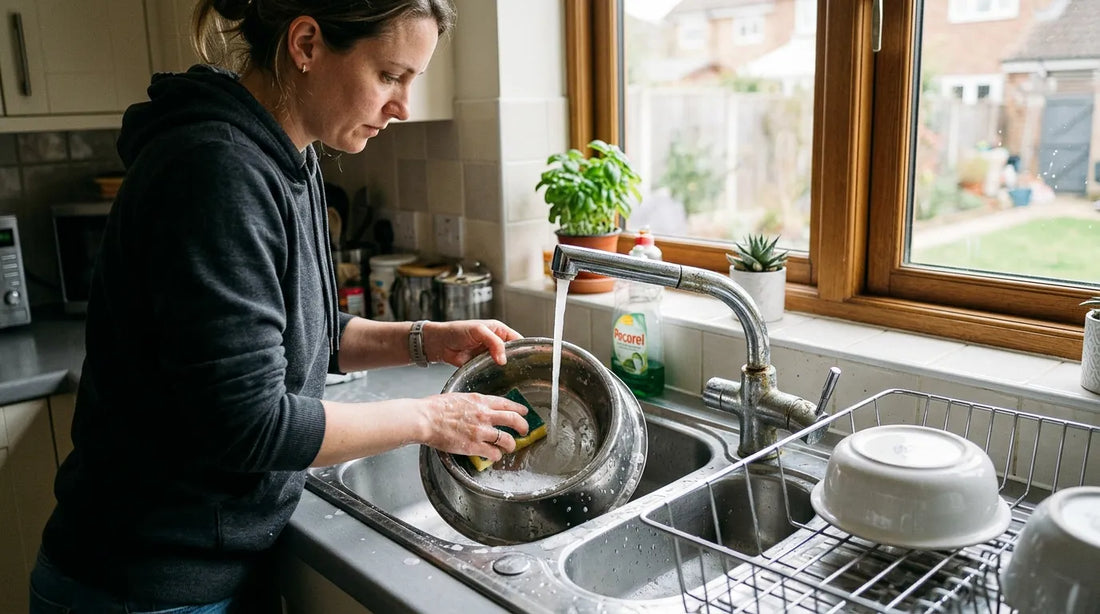 Lavage manuel d'une gamelle en acier inoxydable sous un jet d'eau dans une cuisine.