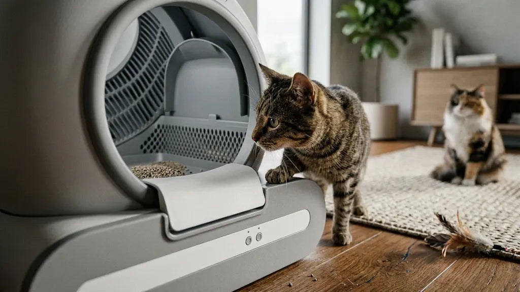 Chat devant une litière auto-nettoyante dans un intérieur moderne