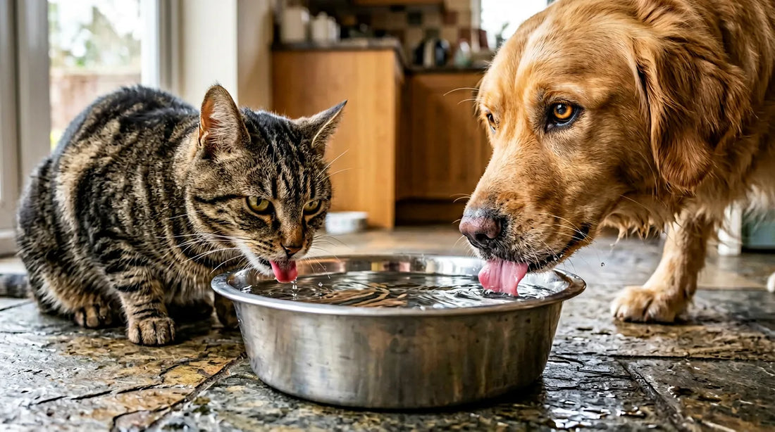 Photographie macro d'un chat et d'un chien buvant dans une gamelle en inox, illustrant leurs techniques d'abreuvement.