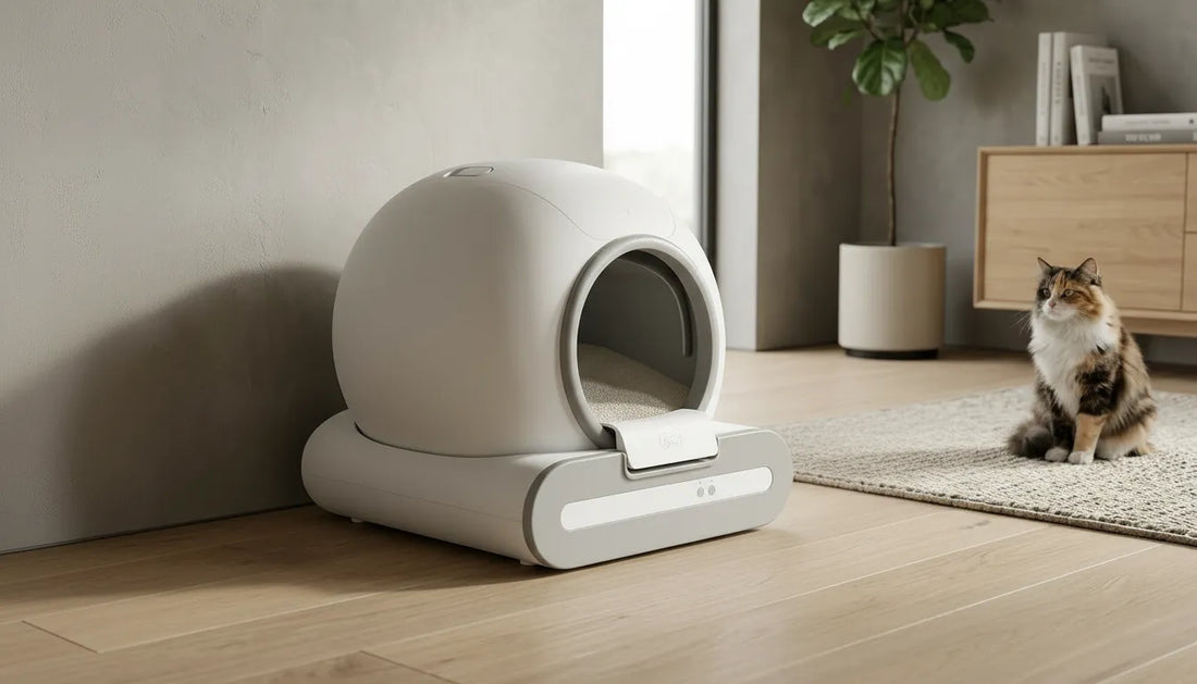 Photographie d'un robot litière auto-nettoyante blanc dans une pièce lumineuse illustrant la propreté du système.