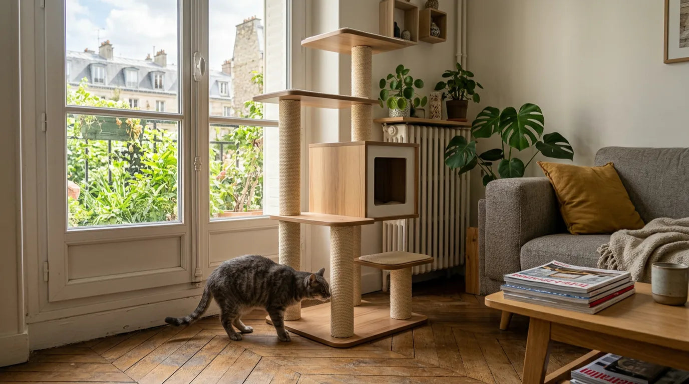 Chat tigré explorant la base d'un nouvel arbre à chat en bois et sisal dans un salon.