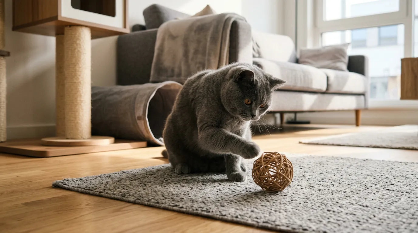 Chat gris jouant avec une balle en osier sur un tapis dans un salon lumineux.
