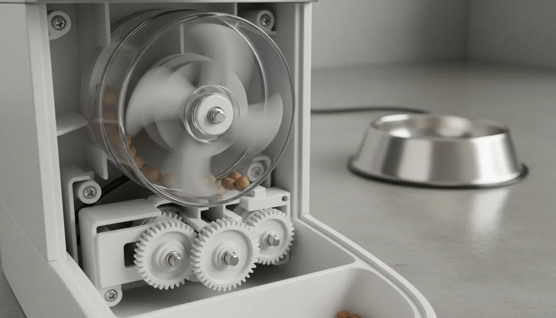 Vue rapprochée du mécanisme de rotation interne d'un distributeur de croquettes automatique montrant les pales en silicone.