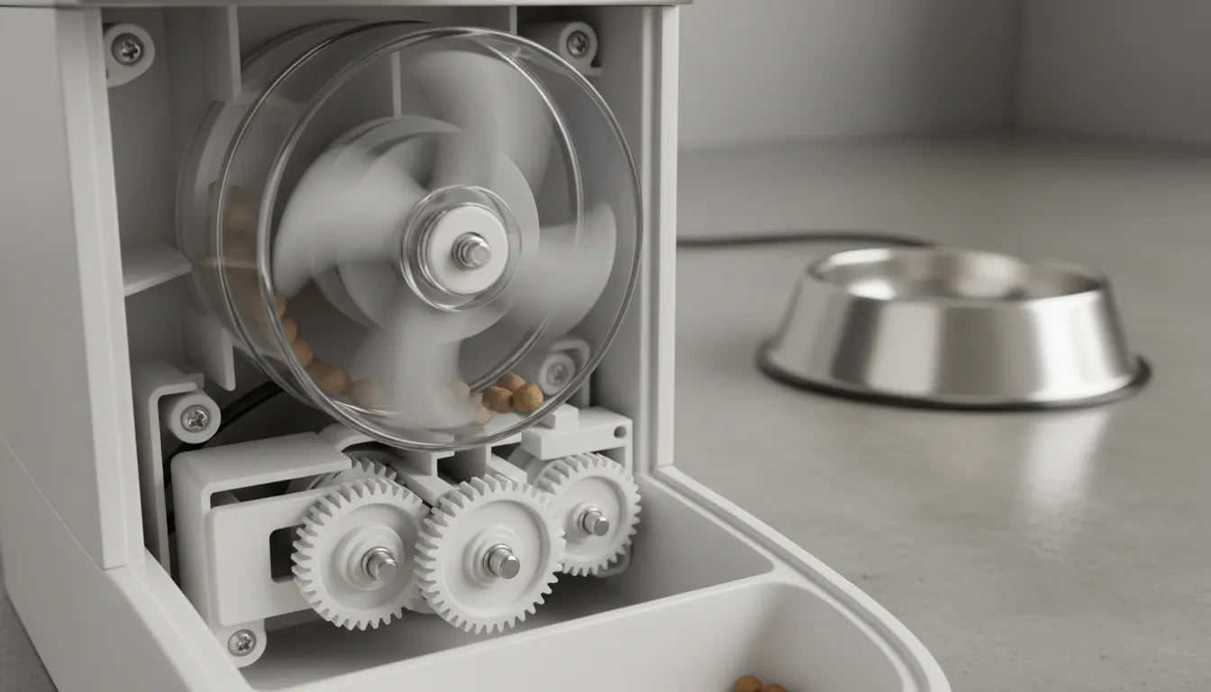 Vue rapprochée du mécanisme de rotation interne d'un distributeur de croquettes automatique montrant les pales en silicone.