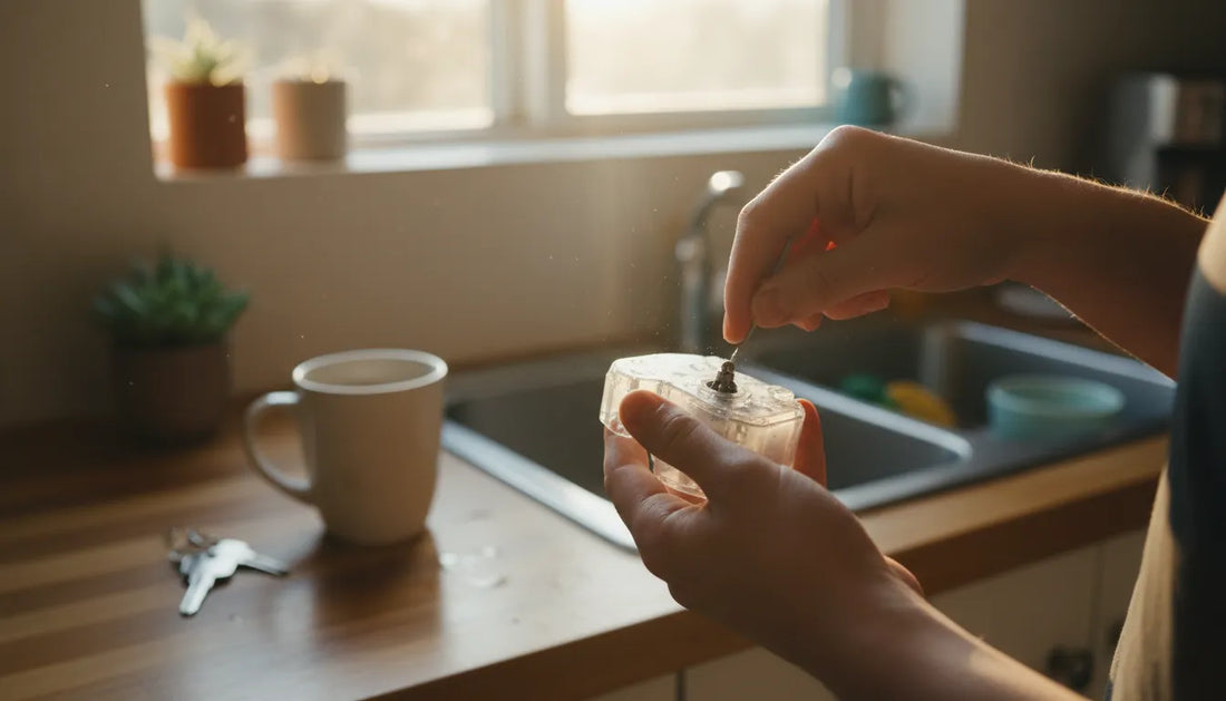 Photographie réaliste montrant l'entretien d'une pompe de fontaine à eau dans une cuisine domestique lumineuse.