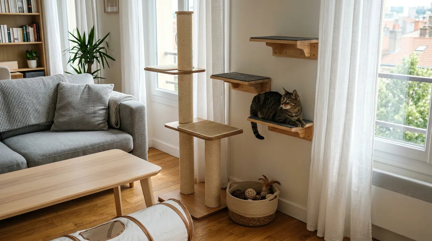 Coin jeu pour chat optimisé dans un petit salon avec arbre à chat vertical et étagères murales.