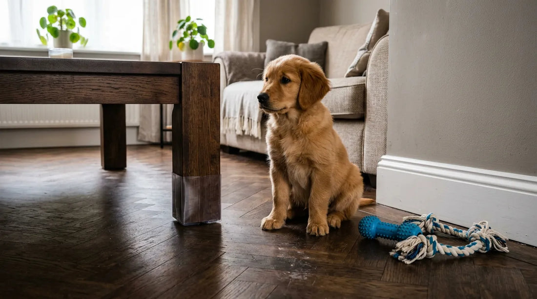 Chiot assis près d'un pied de table protégé et de jouets de mastication sur un parquet.