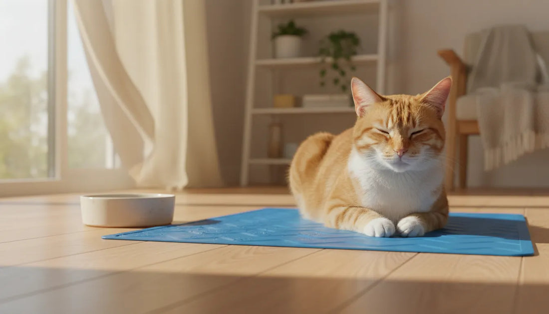Chat allongé sur un tapis rafraîchissant dans un intérieur lumineux