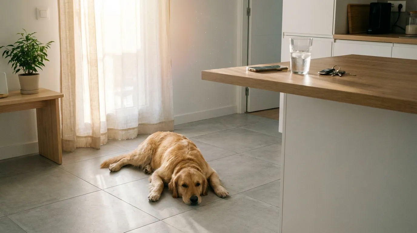 Photographie réaliste d'un chien allongé sur un carrelage frais dans un appartement lumineux lors d'une journée ensoleillée.