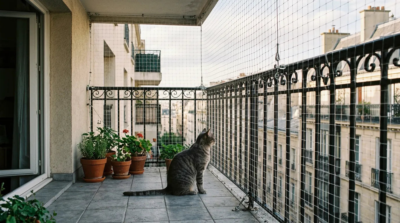 Filet de protection transparent installé sur un balcon urbain pour sécuriser l'accès extérieur d'un chat.