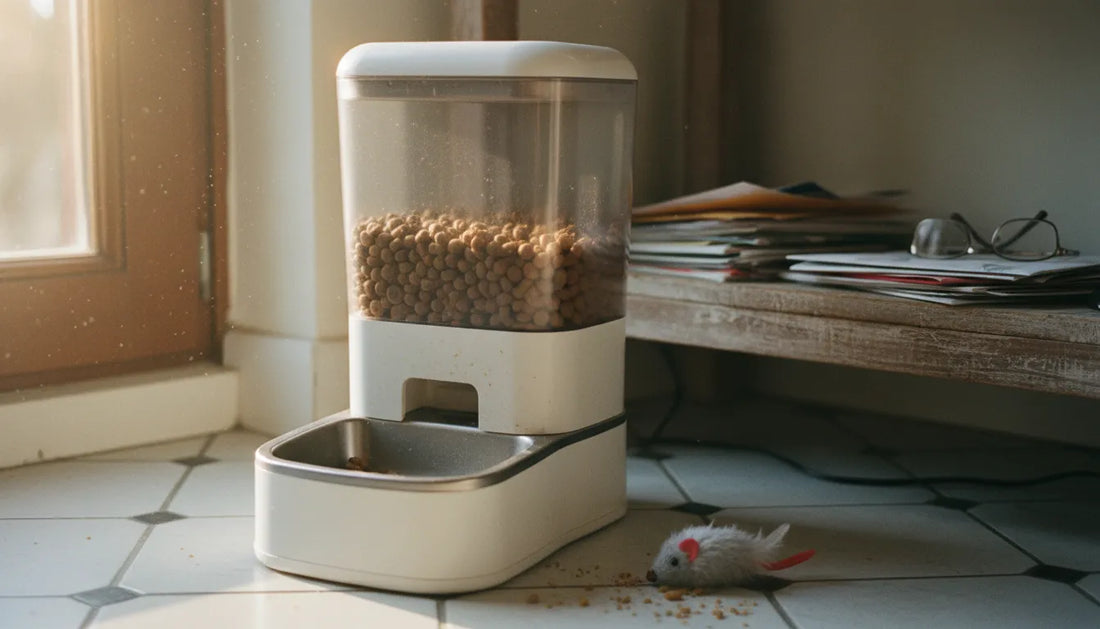 Photographie réaliste d'un distributeur de croquettes installé dans un coin de cuisine ensoleillé avec des objets du quotidien.
