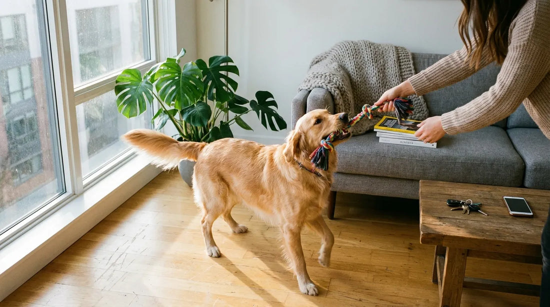 Photographie réaliste d'un chien golden retriever jouant avec sa propriétaire dans un appartement moderne et lumineux.