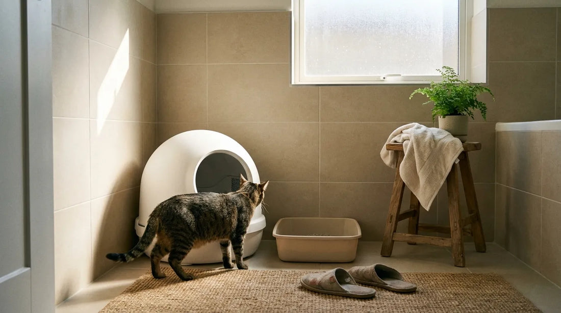Photographie réaliste montrant la transition entre une litière classique et une litière automatique dans une salle de bain lumineuse.