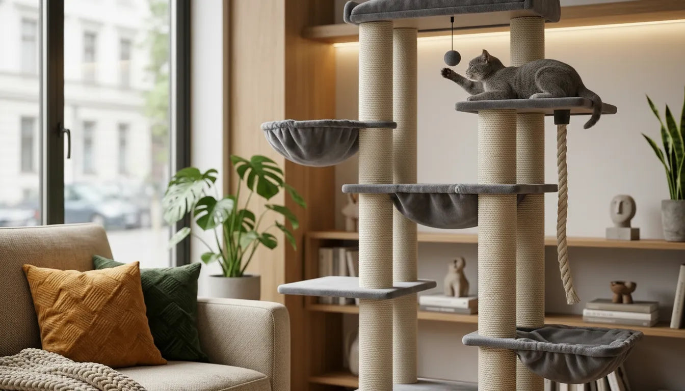 Chat sur un arbre à chat dans un intérieur moderne