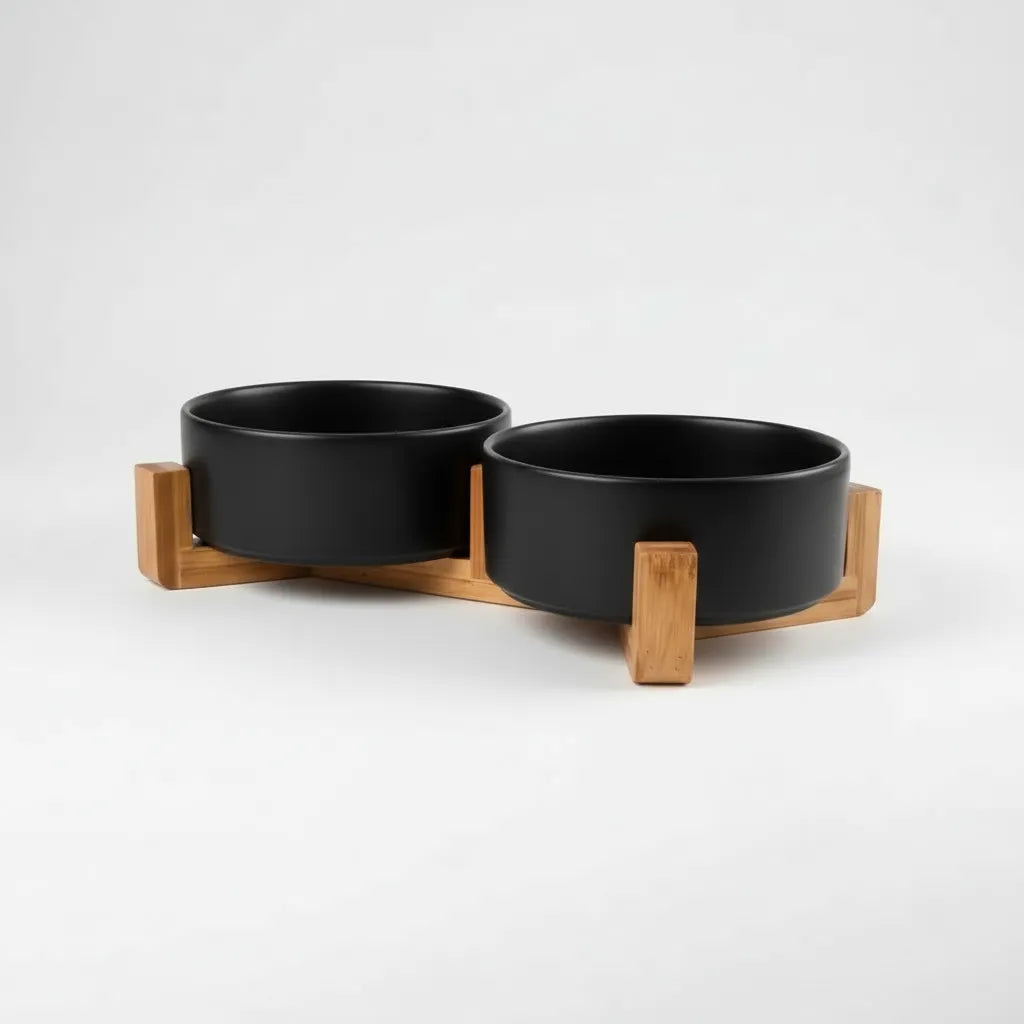 Gamelle double surélevée pour chat Animela Wood noir avec support bois