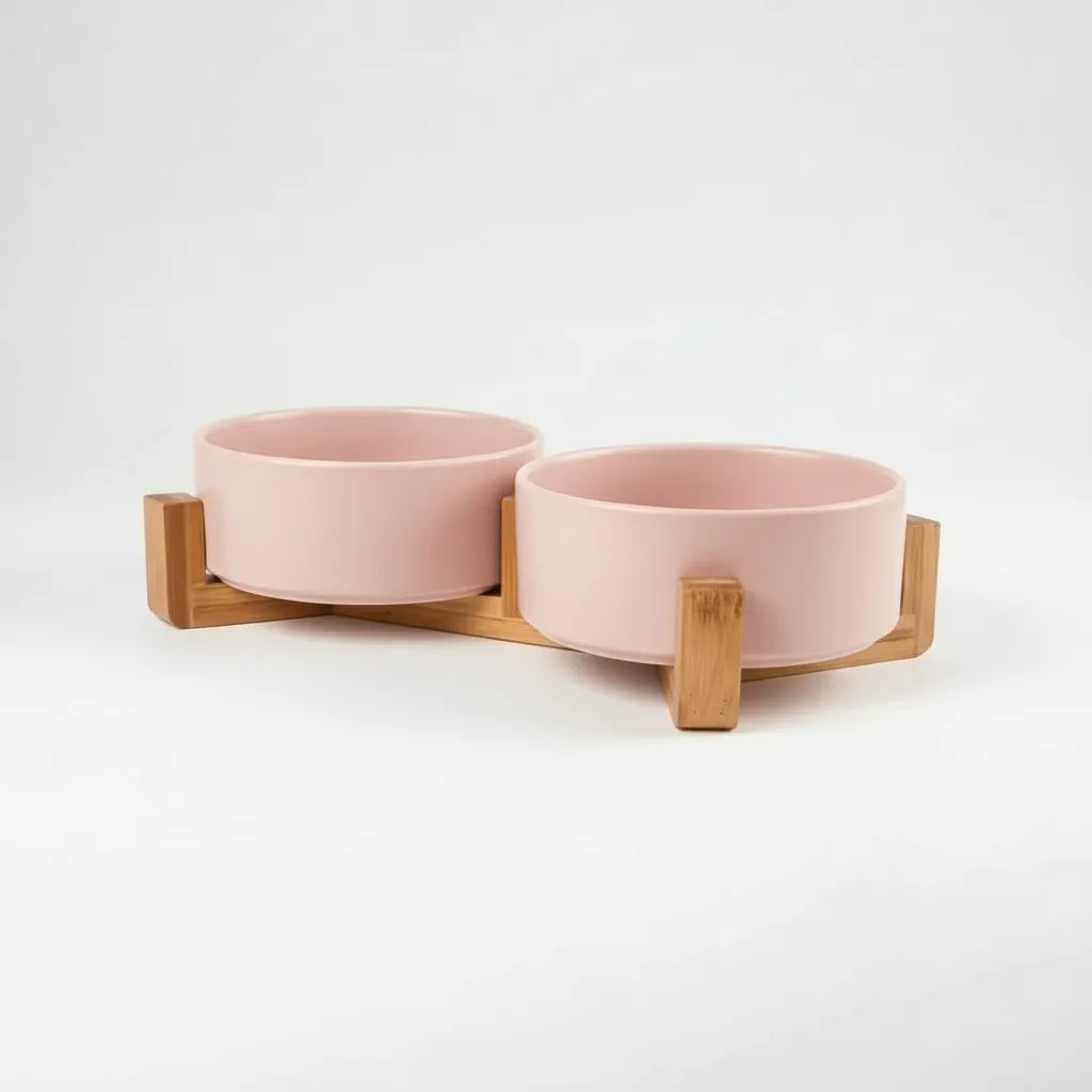 Gamelle double surélevée pour chat et chien Animela Wood rose