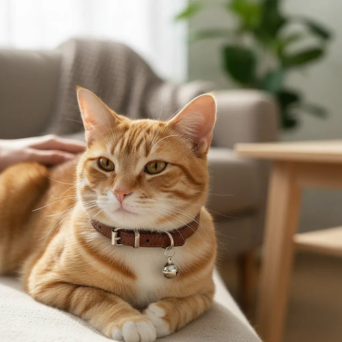 Chat avec un collier en cuir marron