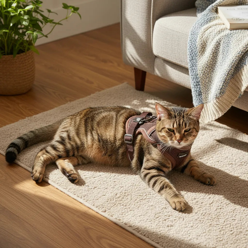 Chat avec un harnais marron