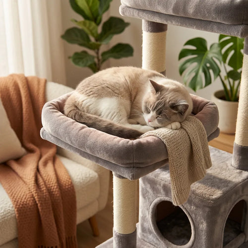 Un chat qui dort dans un arbre a chat gris