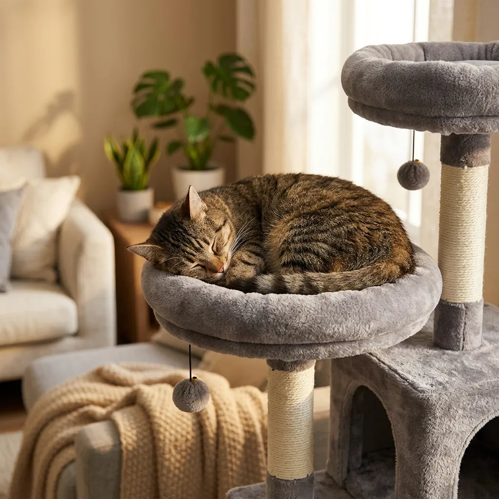 Un chat qui dort dans un arbre a chat gris