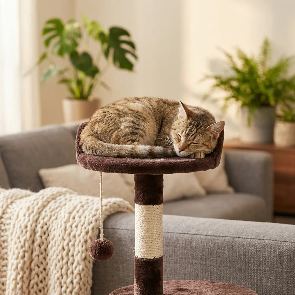 Un chat qui dort dans un arbre a chat marron