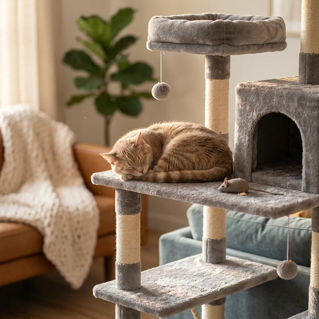 Un chat qui dort dans un arbre a chat gris