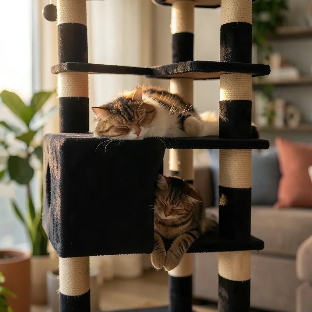 Deux chats qui dorment dans un arbre a chat noir