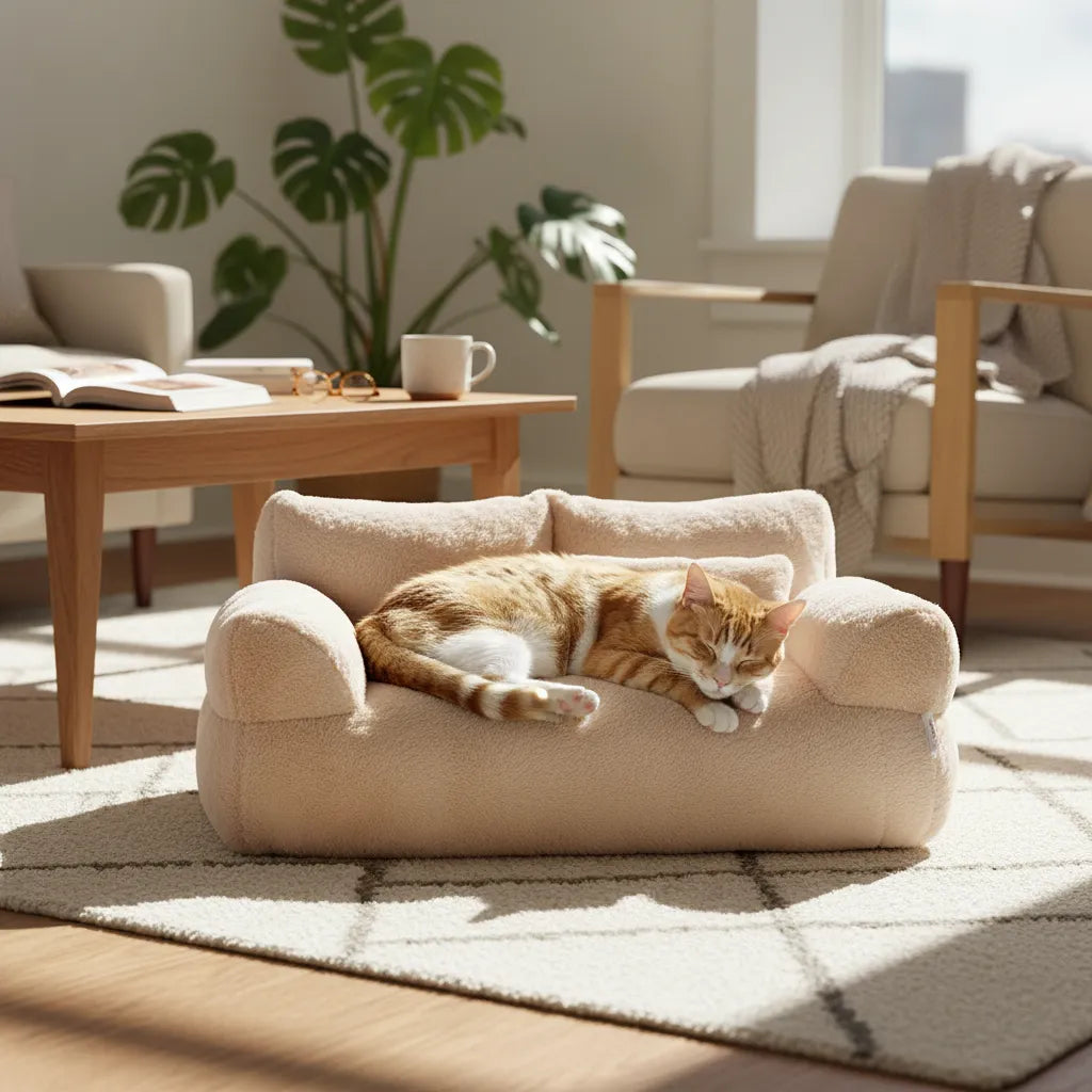 Chat dormant dans un panier pour chat au soleil dans un salon