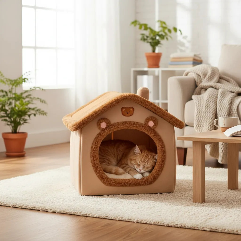 Chat qui dort dans un panier Casa dans un salon.