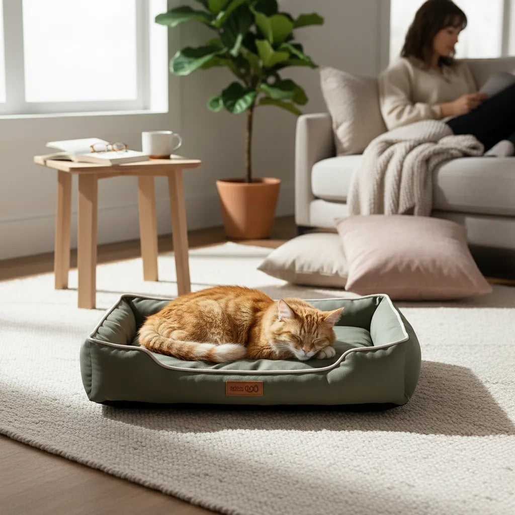 Chat dormant dans un panier vert pour chat dans un intérieur