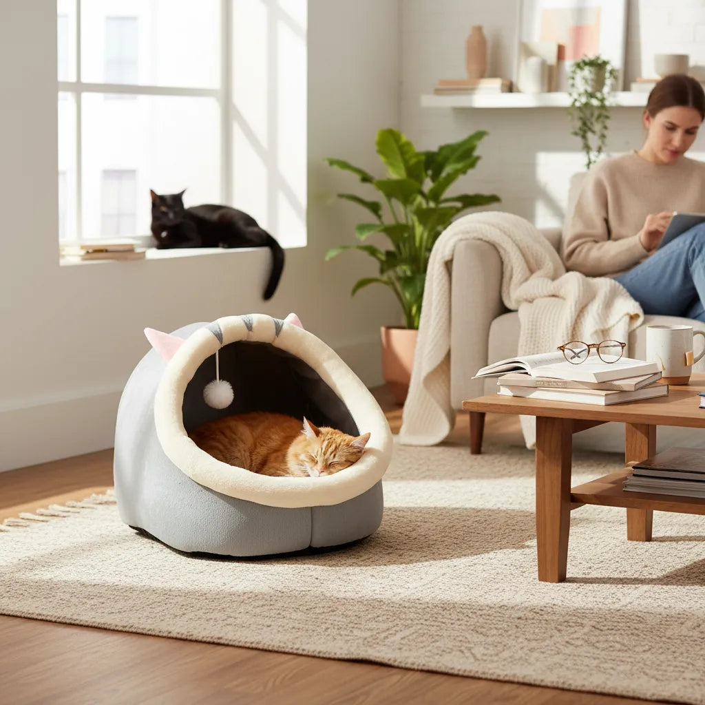 Chat dormant dans un panier pour chat au soleil dans une maison