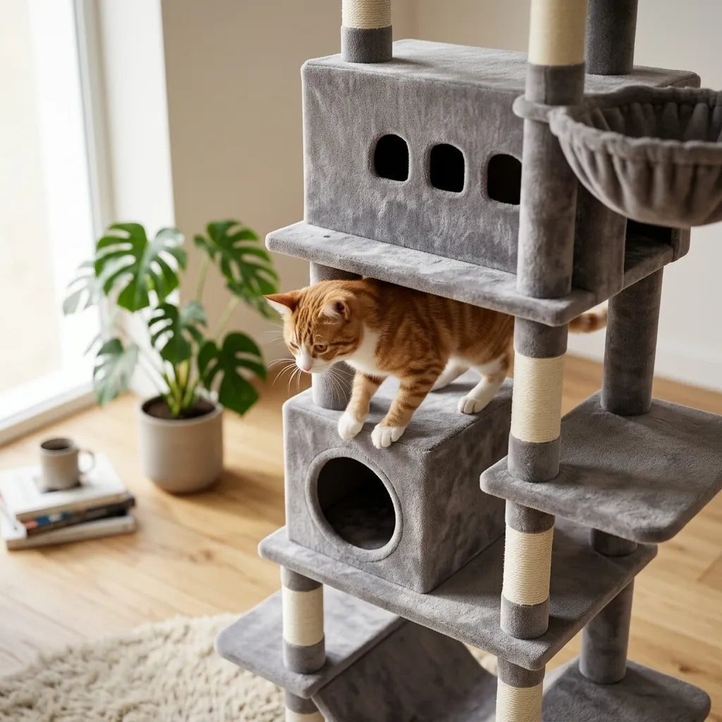 Un chat qui joue dans un arbre a chat gris